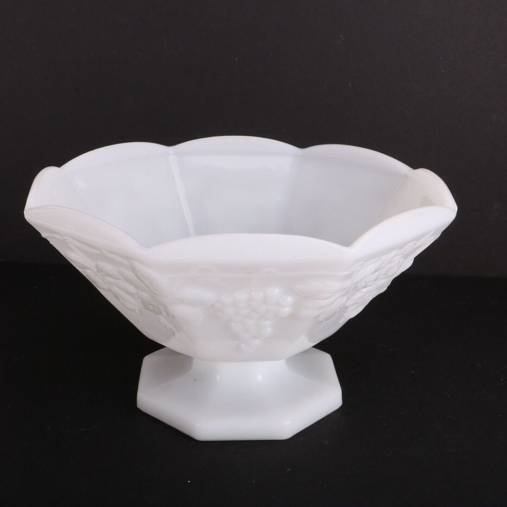 Vintage 1950s Octagonal Milk Glass Grapevine Embossed Table Centerpiece Compote